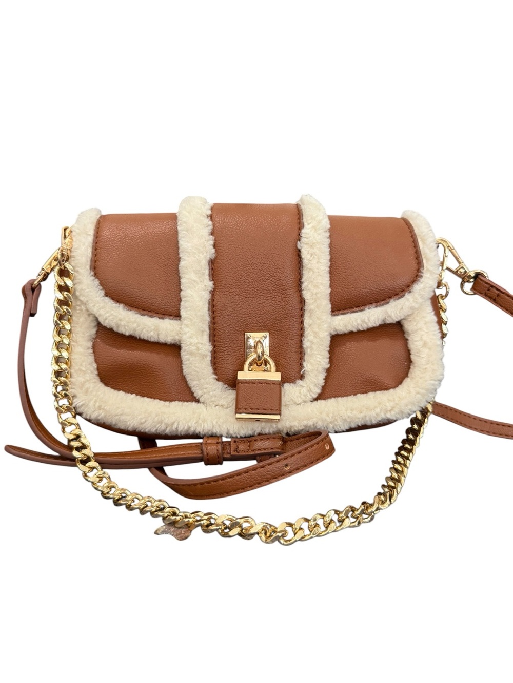 Aldo Brown Crossbody Bag with Cream Shearling Trim and Gold Chain